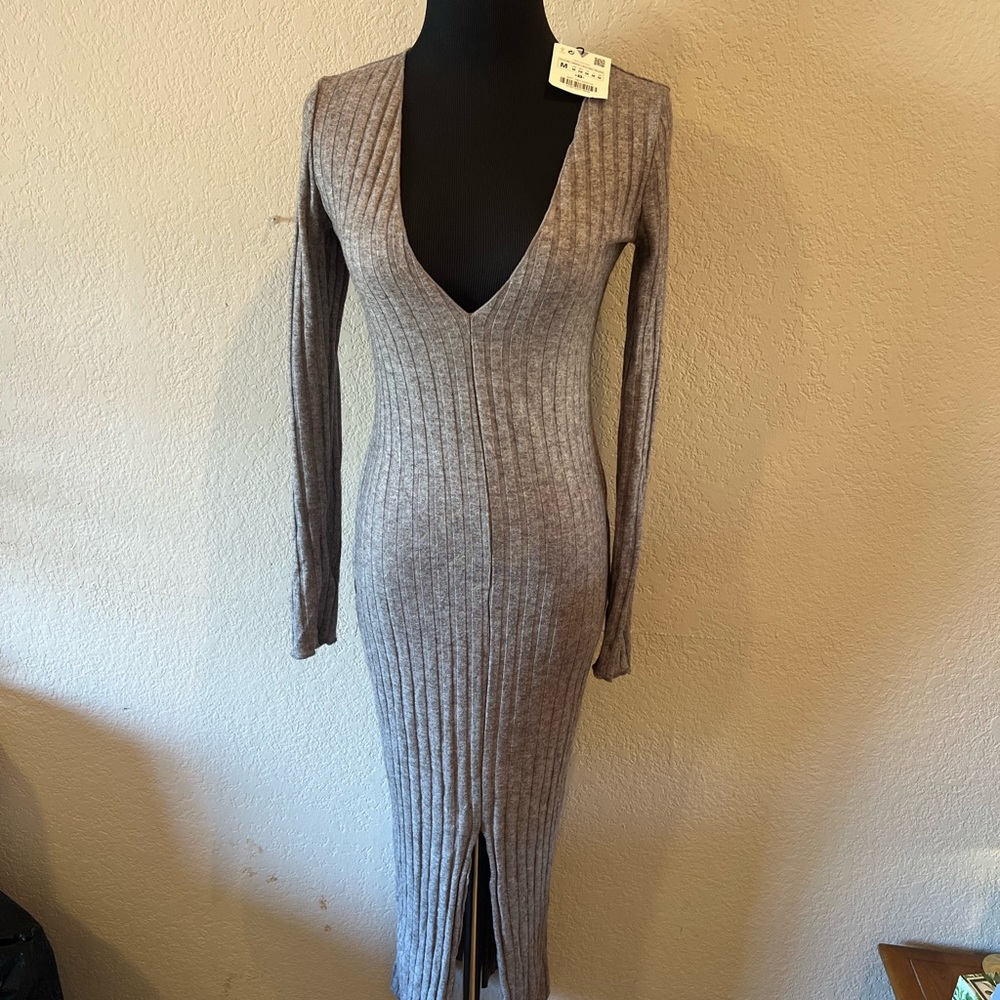 Zara Gray Ribbed Bodycon Dress with Plunge Neckline